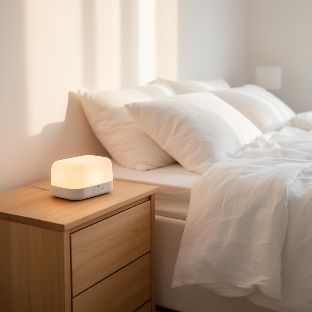 byte-zen auf hellem Nachttisch im modernen Schlafzimmer
